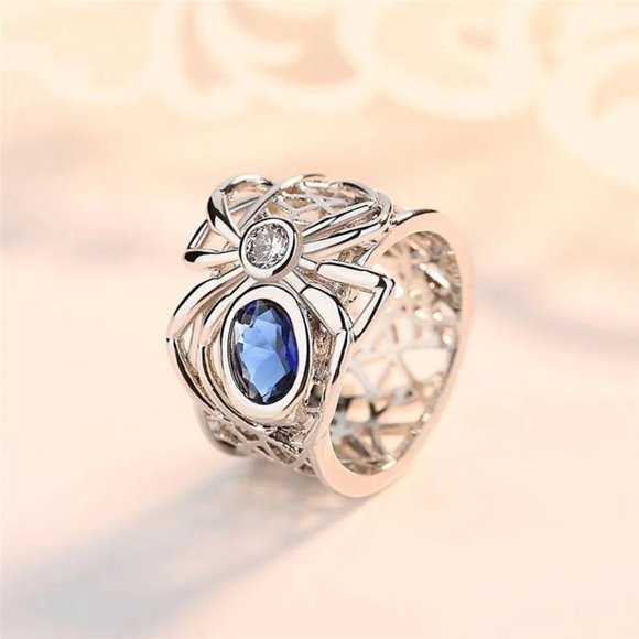 Blue Sapphire Black Widow Spider Stainless Statement Ring - Picture 1 of 13